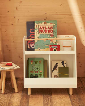 Serwa bookcase in white MDF with solid pine legs and bar