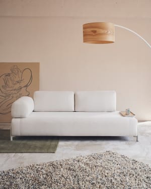 3θ καναπές Compo, μπεζ chenille, μικρός δίσκος από καπλαμά δρυός και μπεζ μεταλλικός σκελετός, 232εκ FSC Mix Credit