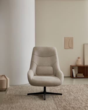 Fauteuil giratoire Celida en chenille beige et acier avec finition noire FSC 100%