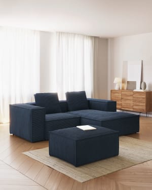 Blok pouffe in blue corduroy, 90 x 70 cm FSC Mix Credit FR
