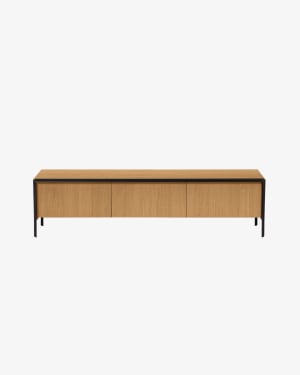 Nadyria oak wood veneer 3 door TV stand with black finish steel, 180 x 50 cm