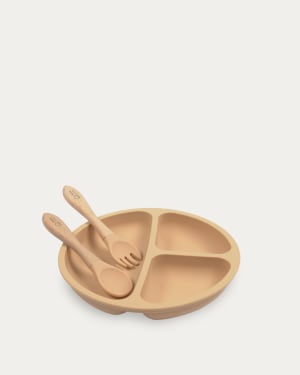 Epiphany plate and cutlery set in beige silicone and wood