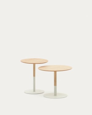 Watse set of 2 side tables in oak wood veneer and matte white metal, Ø 40 cm/Ø 48 cm