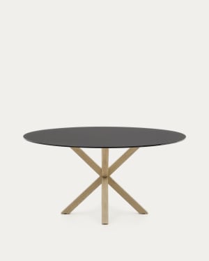 Tisch Argo aus schwarzem Milchglas und Stahlbeinen in Holzoptik Ø 150 cm