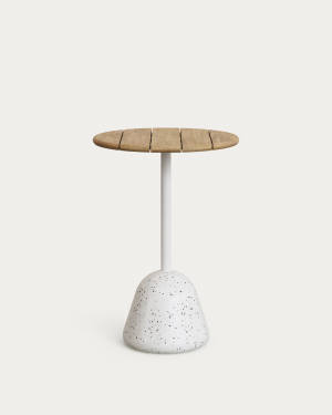 Saura high bar table with white terrazzo base and natural finish acacia top Ø70x99cm