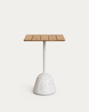 Saura high bar table with white terrazzo base and natural finish acacia top 70x70x99cm