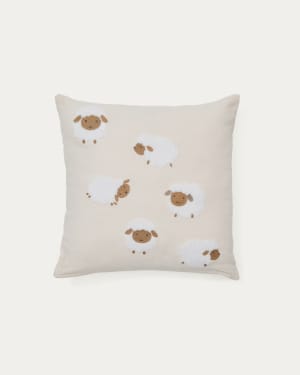 Milu cushion cover in beige cotton with sheep embroidery feature, 45 x 45 cm