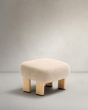 Υποπόδιο Nema μπεζ chenille, πόδια σε μασίφ ξύλο δρυός φυσικό φινίρισμα 65x55,4εκ FSC 100%