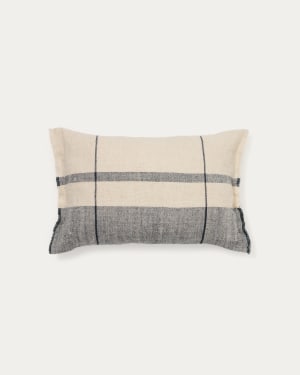 Eron beige and blue checked linen cushion cover with fringing 40 x 60cm