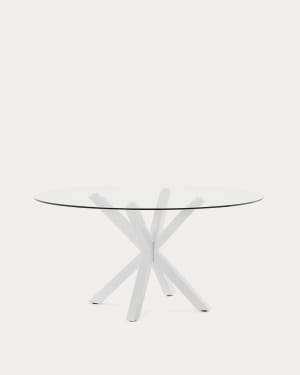 Argo round table with glass top and white-finished steel legs, Ø150 cm
