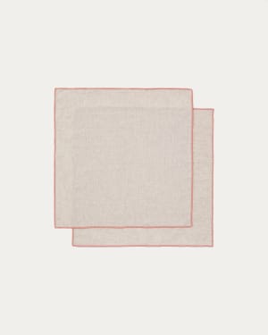Veliat set of 2 beige linen and viscose napkins with contrasting pink trim 40 x 40cm