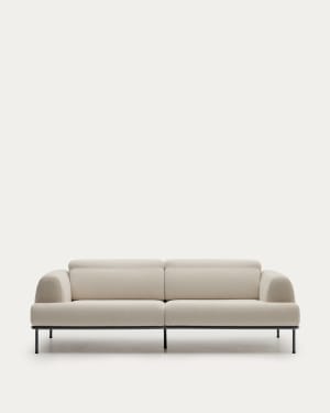 Aurum 3-seater sofa in ecru chenille with reclining headrest and matte grey metal base 234cm FSC Mix Credit
