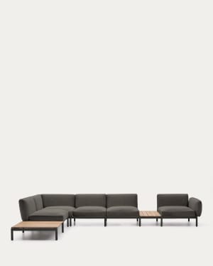 Sorells outdoor modular 5-seater corner sofa with grey upholstery and grey aluminium with teak tables 277 x 446cm FSC 100%