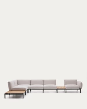 Sorells outdoor modular 5-seater corner sofa with beige upholstery and green aluminium with teak tables 277 x 446cm FSC 100%