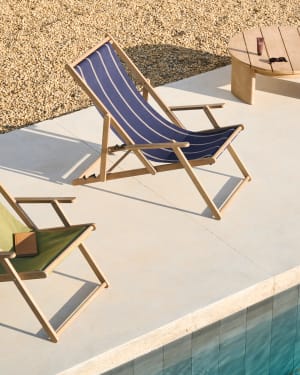 Vilara blue and beige striped outdoor folding deck chair made of FSC 100% solid acacia wood