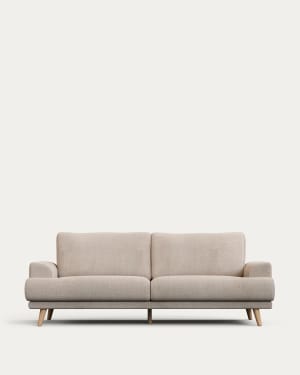 Karin 3-seater sofa beige with solid beech wood legs with natural finish, 231 cm