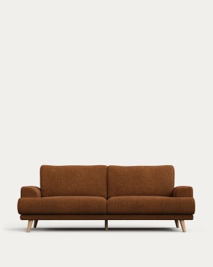 Karin 3-seater sofa dark orange with solid beech wood legs with natural finish, 231 cm