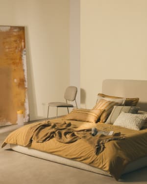 Σετ παπλωματοθήκη και μαξιλαροθήκη Sifinia 100% βαμβάκι περκάλι με κρόσσια, μουσταρδί, για