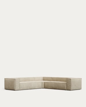 Sofa narożna Blok 6-osobowa z grubego sztruksu ecru z obróbką ognioodporną 320 x 320 cm FSC Mix Credit FR