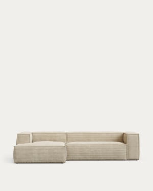 Sofa Blok 3-osobowa z szezlongiem lewym z grubego sztruks ecru z obróbką ognioodporną 300 cm FSC Mix Credit FR