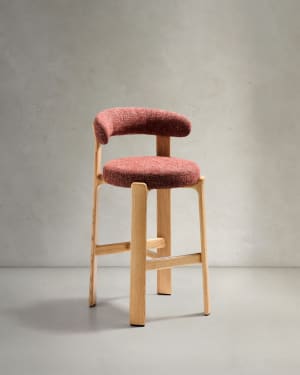 Granite fire-retardant stool with backrest in terracotta chenille and solid ash wood with natural-coloured finish FSC 100% 75cm