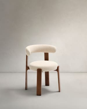 Granite fire-retardant chair in beige chenille and solid ash wood with walnut-coloured finish FSC 100%