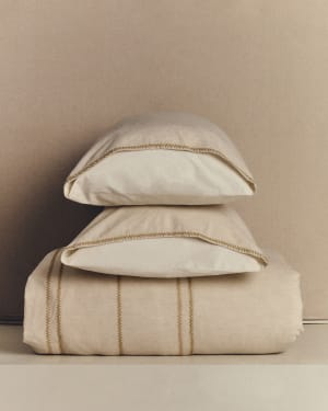 Linara Set of Duvet Cover and Pillowcases in Beige Cotton and Linen for 90 cm Bed