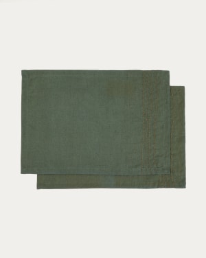 Set Flia de 2 individuais de linho e algodão verde com detalhe bordado em lurex verde 30 x 50 cm