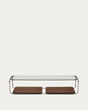 Table basse Tarsel en verre trempé et plateau en placage de noyer FSC 100 % avec structure en acier inoxydable brossé 140 x 60 cm