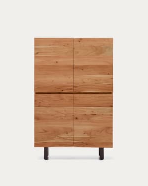 Uxue 4-door tall sideboard in solid acacia wood with bleached finish and black steel 100 x 155cm