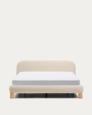 Odina ecru bouclé bed with removable cover and FSC 100% solid ash wood legs with natural finish for 160 x 200cm mattress