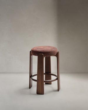 Granite fire-retardant stool in brown chenille and solid ash wood with walnut-coloured finish FSC 100% 75cm