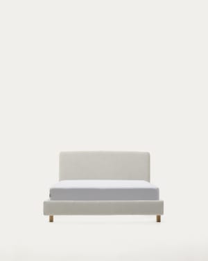 Pearl chenille Valma bed with removable cover and solid beech wood legs for a 90 x 200 cm mattress