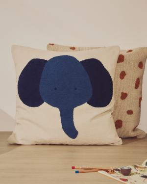 Tandani beige cotton floor cushion with blue elephant 70 x 70cm