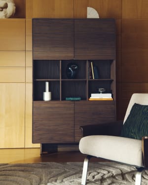 Norlen 4-door tall sideboard in walnut veneer FSC Mix Credit 100 x 165cm