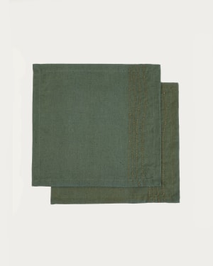 Set Flia de 2 guardanapos de linho e algodão verde com detalhe bordado lurex dourado 30 x 30 cm