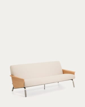 Amsen beige chenille 3-seater sofa in oak plywood with brushed stainless steel legs 190cm FSC 100%