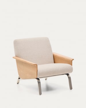 Amsen beige armchair in oak plywood with legs in brushed stainless steel FSC 100%