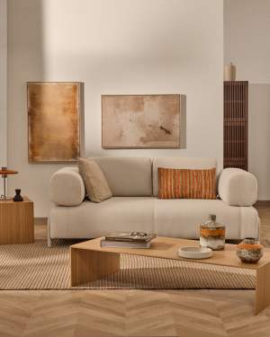 Compo 2-osobowa sofa szenilowa w kolorze ecru z beżową metalową ramą 200 cm FSC Mix Credit