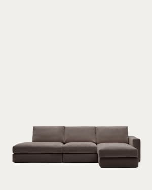 Alea removable cover modular sofa 5-seater in dark brown chenille right chaise longue 340 cm