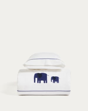 Tandari duvet cover and pillowcase set in beige cotton percale with embroidered elephant for 70cm bed