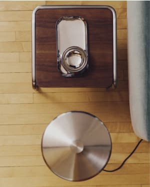 Tarsel side table in FSC 100% walnut veneer with brushed stainless steel structure 42 x 47cm