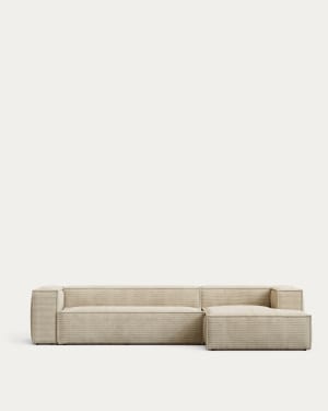 Blok fire-retardant 4-seater sofa with right chaise longue in thick ecru corduroy 330cm FSC Mix Credit