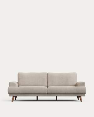 Karin 3-seater sofa beige with solid beech wood legs with natural finish, 231 cm