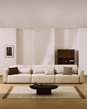 Lares 6-seater sofa with motorised sliding seats and reclining headrest in beige chenille 410cm
