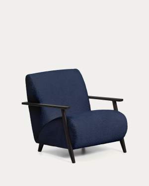 Meghan fire-retardant armchair in blue bouclé and solid ash wood with wenge-coloured finish FSC Mix Credit