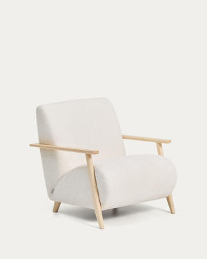 Meghan fire-retardant armchair in ecru bouclé and solid ash wood with natural tone finish FSC Mix Credit