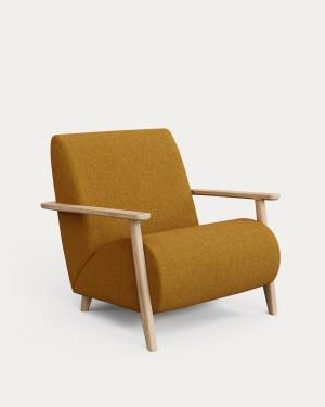 Meghan fire-retardant armchair in mustard bouclé and solid ash wood with natural finish FSC Mix Credit
