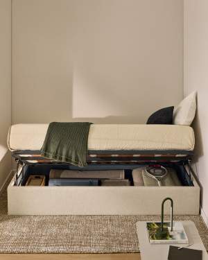 Nelzi ecru chenille side-opening ottoman bed base with removable cover for 90 x 200cm mattress FSC 100%