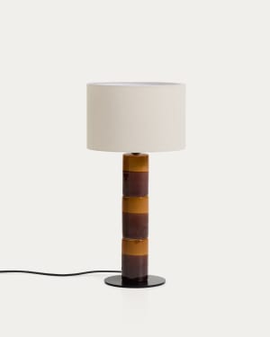 Mavran table lamp with brown and mustard ceramic base and cotton lampshade